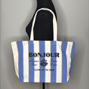 Sézane Bonjour Blue & Ecru Cotton Striped Tote Bag NEW